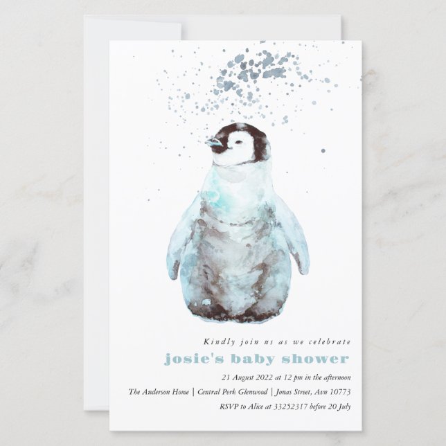Invitation Baby shower d'hiver de Pingouin d'aquar (Devant)