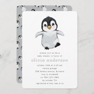 Invitation Baby shower d'hiver de pingouin gris simple