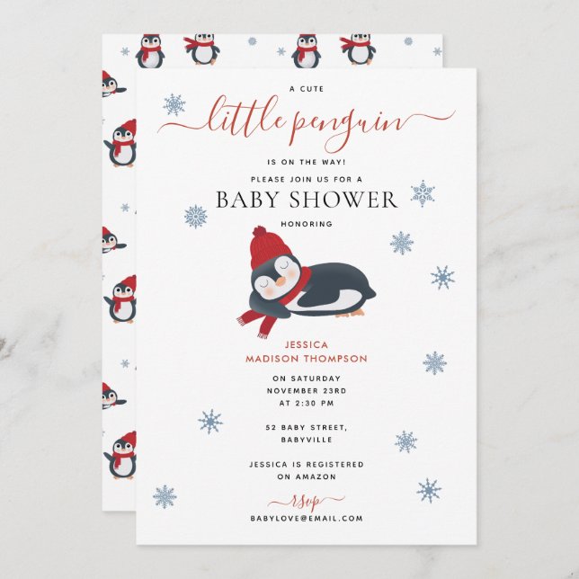 Invitation Baby shower d'hiver de Pingouins mignons (Devant / Derrière)