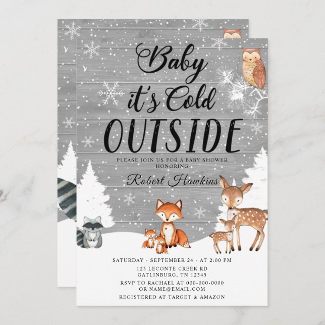 Invitation Baby shower d'hiver des animaux des bois (Devant / Derrière)