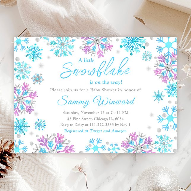 Invitation Baby shower d'hiver des flocons de neige violets e (Créateur téléchargé)