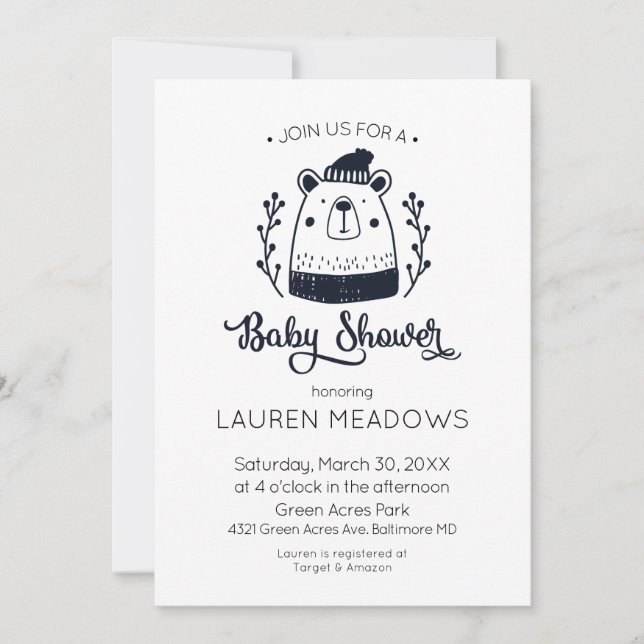 Invitation Baby shower d'hiver Doodle Bear (Devant)