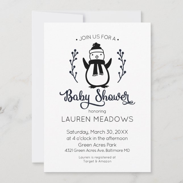 Invitation Baby shower d'hiver Doodle Penguin (Devant)