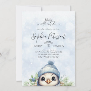 Invitation Baby shower d'hiver du garçon bleu pingouin mou