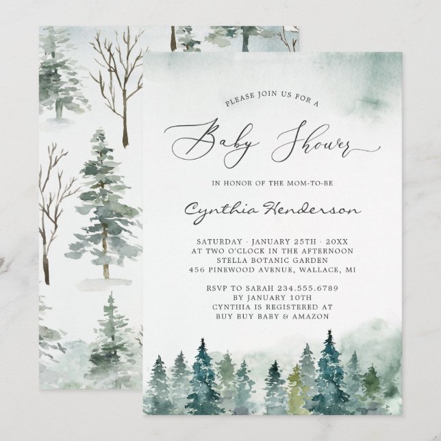 Invitation Baby shower d'hiver Elégant bois chic Pine Arbres (Devant / Derrière)
