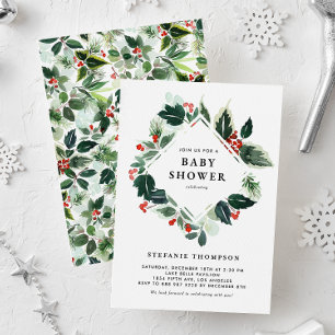 Invitation Baby shower d'hiver et de verdure Holly