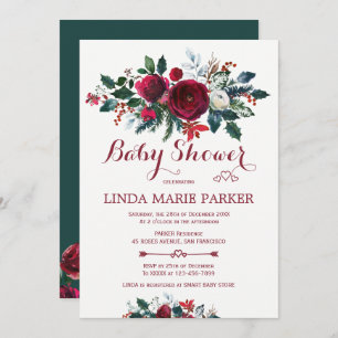 Invitation Baby shower d'hiver fleuri vert de pin de Bourgogn
