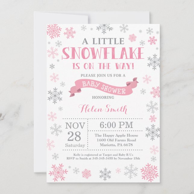 Invitation Baby shower d'hiver Flocon de neige ros (Devant)
