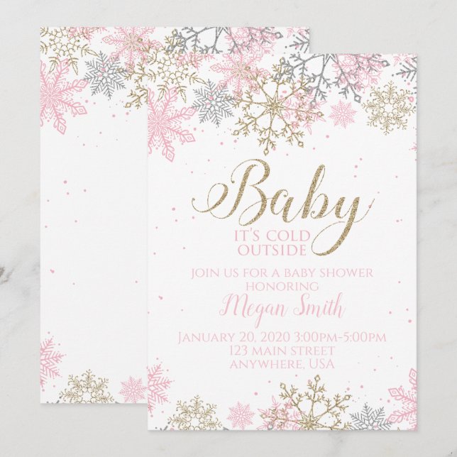 Invitation Baby Shower d'hiver Flocon de Neige Rose et Or (Devant / Derrière)