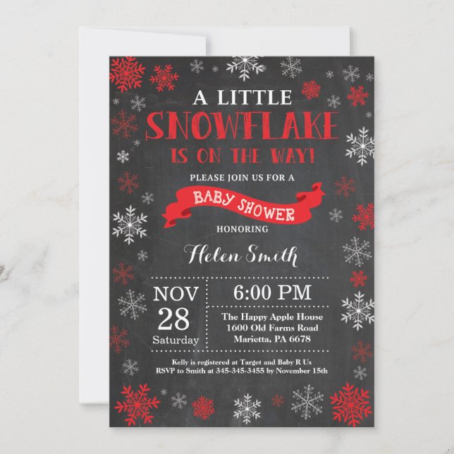 Invitation Baby-Shower d'hiver - Flocon de neige rouge sur ta (Devant)