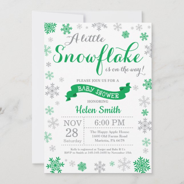 Invitation Baby shower d'hiver Flocon de neige ver (Devant)