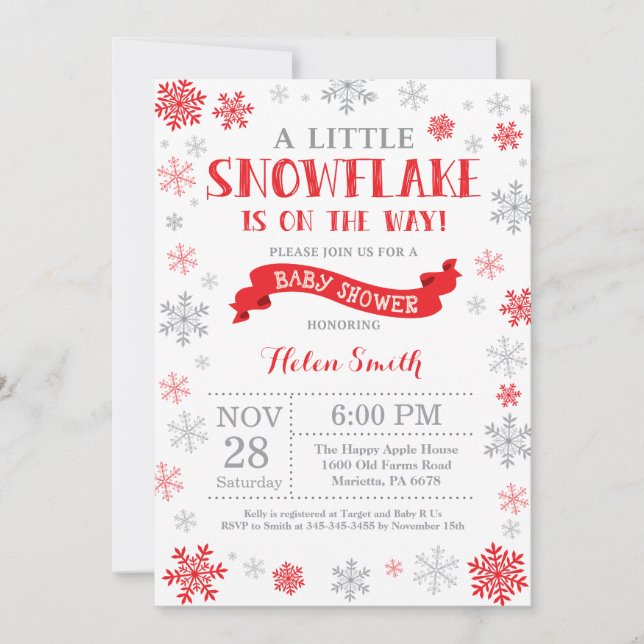 Invitation Baby shower d'hiver Flocon rouge (Devant)