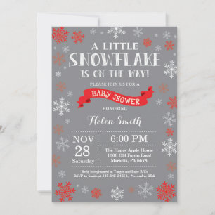 Invitation Baby shower d'hiver Flocon rouge blanc et gris