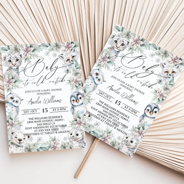 Invitation Baby shower d'hiver Floral Arctic Animaux (Créateur téléchargé)
