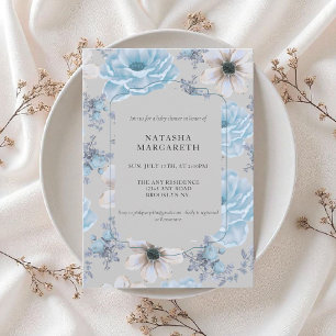 Invitation Baby shower d'hiver Floral Argent Bleu Élégant Boh