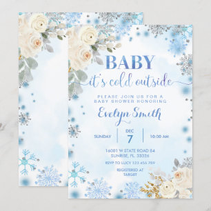 Invitation Baby shower d'hiver floral bleu et blanc Flocon de