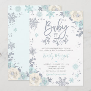Invitation Baby shower d'hiver floral d'argent et de menthe