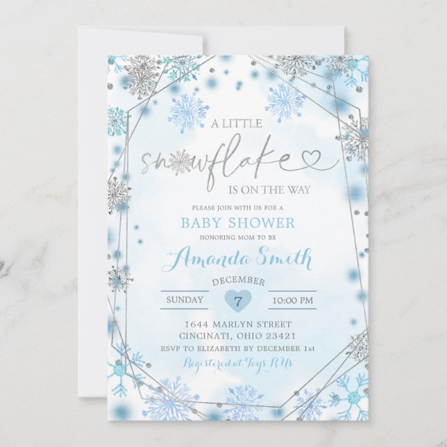 Invitation Baby shower d'hiver géométrique bleu et argent Inv (Devant)