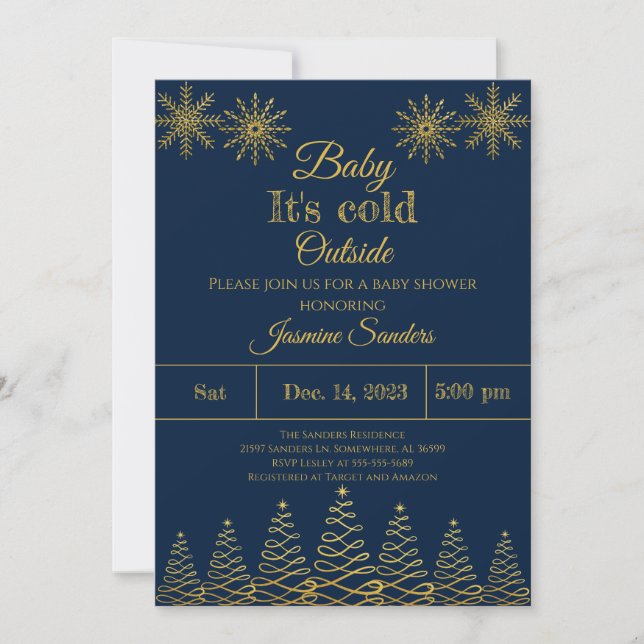 Invitation Baby shower d'hiver Gold et Navy Snowflake (Devant)