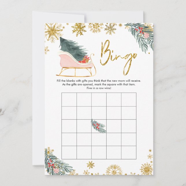 Invitation Baby shower d'hiver Gold Rose Sleigh Bingo bébé (Devant)