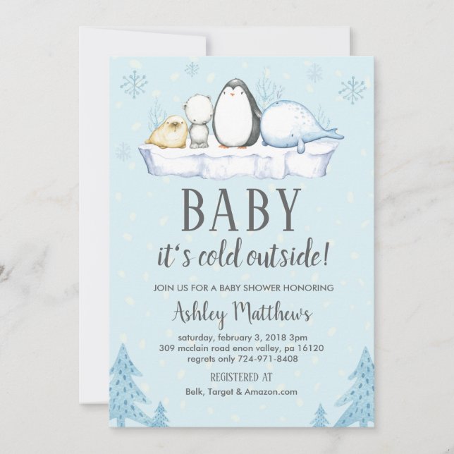Invitation baby shower d'hiver invitation, animaux d'hiver (Devant)