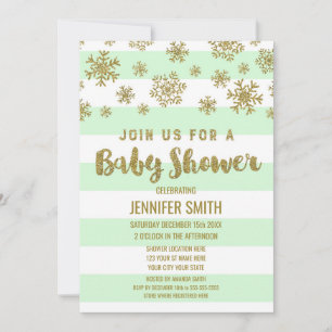 Invitation Baby shower d'hiver Mint Stripes Gold Snowflakes