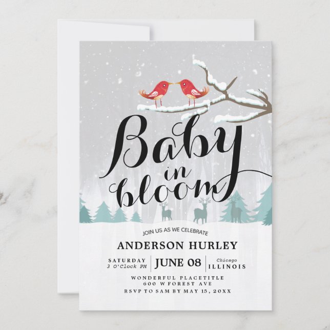 Invitation Baby shower d'hiver moderne bébé en fleurs scène d (Devant)