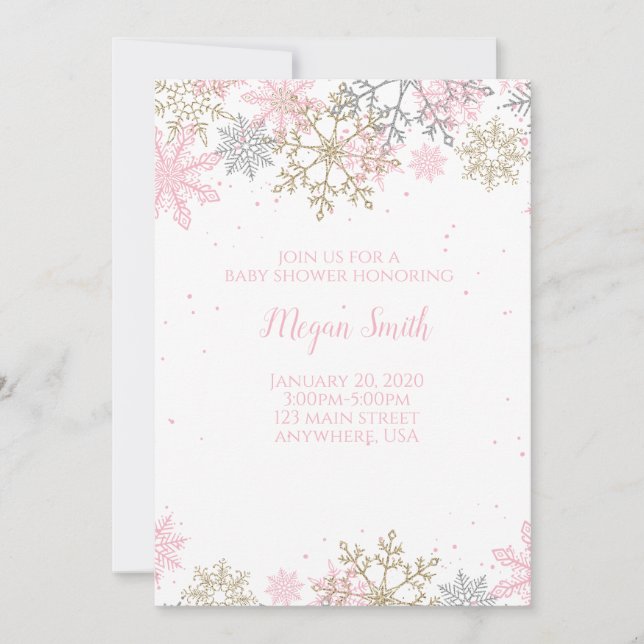 Invitation Baby shower d'hiver Parties scintillant rose et or (Devant)