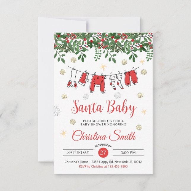 Invitation baby shower d'hiver père Noël Baby Cute Gold Snowf (Devant)