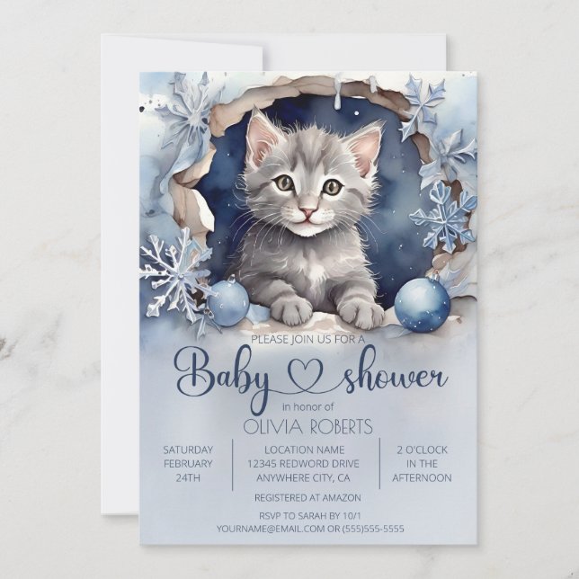 Invitation Baby shower d'hiver petite chatte aquarelle (Devant)