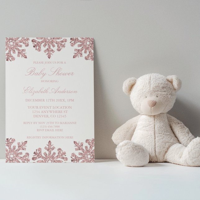 Invitation Baby shower d'hiver Pink Rose Gold Snowflake (Créateur téléchargé)