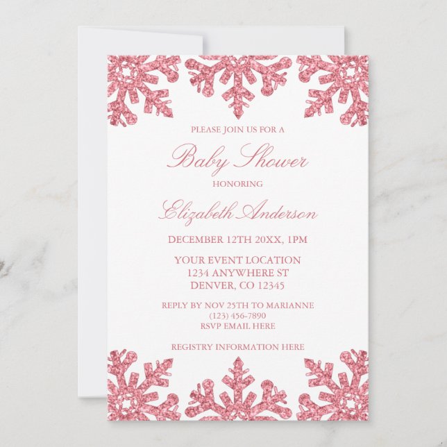 Invitation Baby shower d'hiver Pink Snowflake (Devant)
