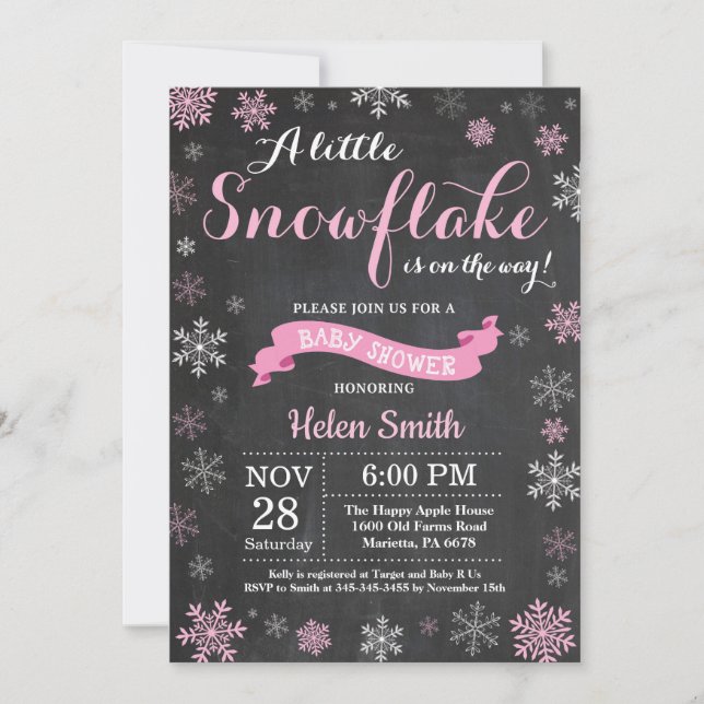 Invitation Baby shower d'hiver Pink Snowflake Chalkboard (Devant)