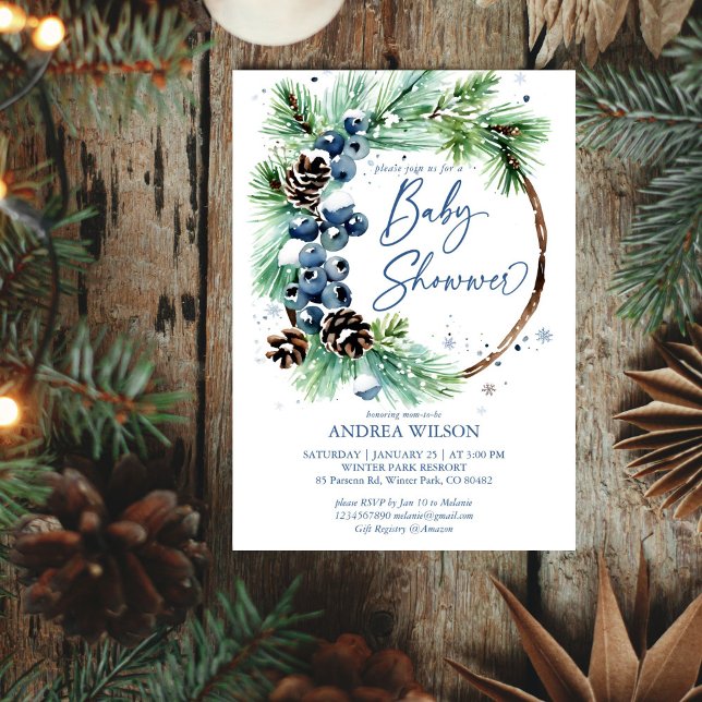 Invitation Baby shower d'hiver pins enneigés wreath bleu pous (Winter baby shower snowy pine wreath editable template invitation digital download  dusty blue )