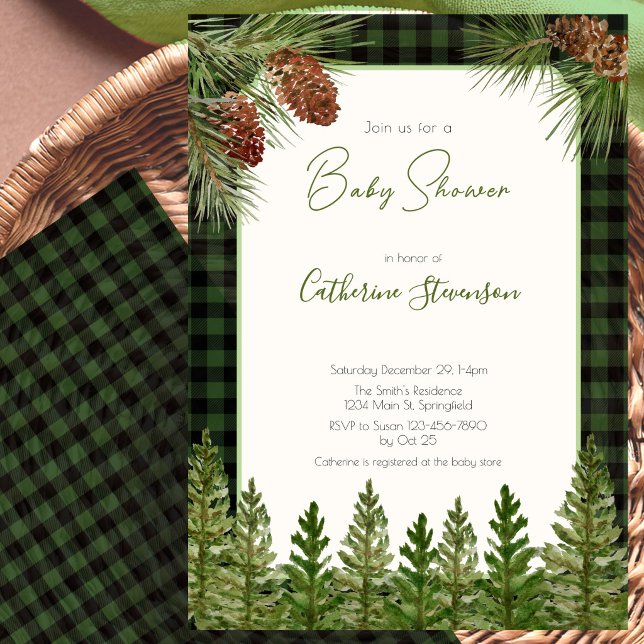 Invitation Baby Shower d'Hiver Plaid Bison Vert Rustique (Créateur téléchargé)