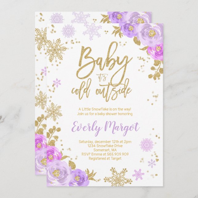 Invitation Baby shower D'Hiver Purple Et Gold (Devant / Derrière)