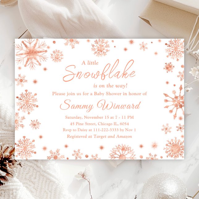 Invitation Baby shower d'hiver rose Gold Snowflakes (Créateur téléchargé)