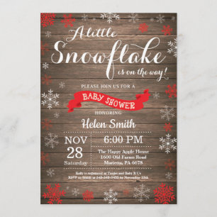 Invitation Baby shower d'hiver rustique Flocon blanc rouge