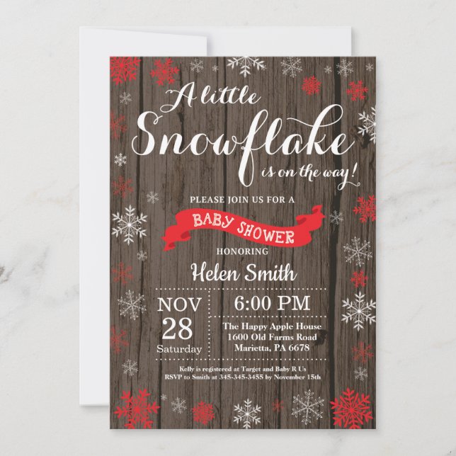 Invitation Baby shower d'hiver rustique Flocon blanc rouge (Devant)