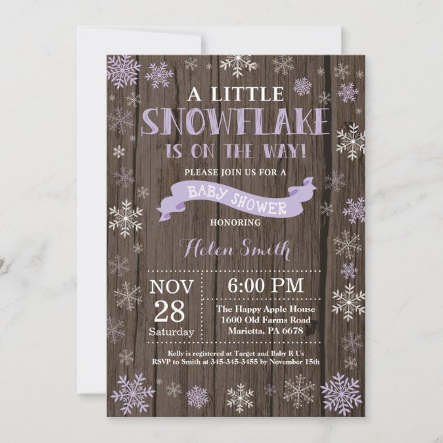 Invitation Baby shower d'hiver rustique Flocon de neige viole (Devant)