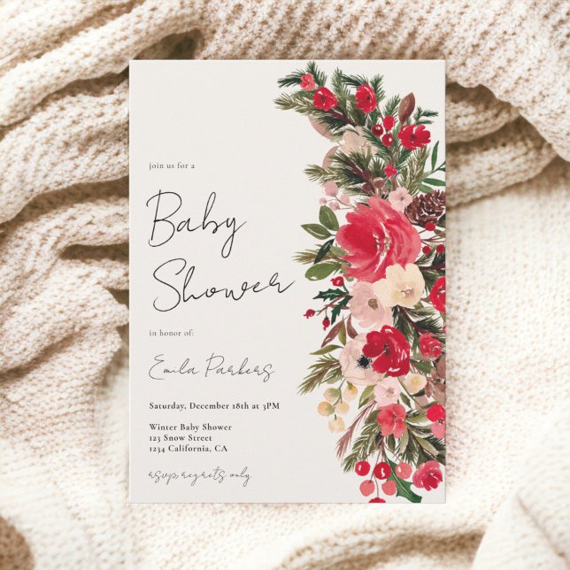 Invitation Baby shower d'hiver rustique vert rouge (Rustic Red green Floral Winter baby shower Invitation)