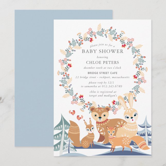 Invitation Baby shower d'hiver sur les animaux des bois (Devant / Derrière)