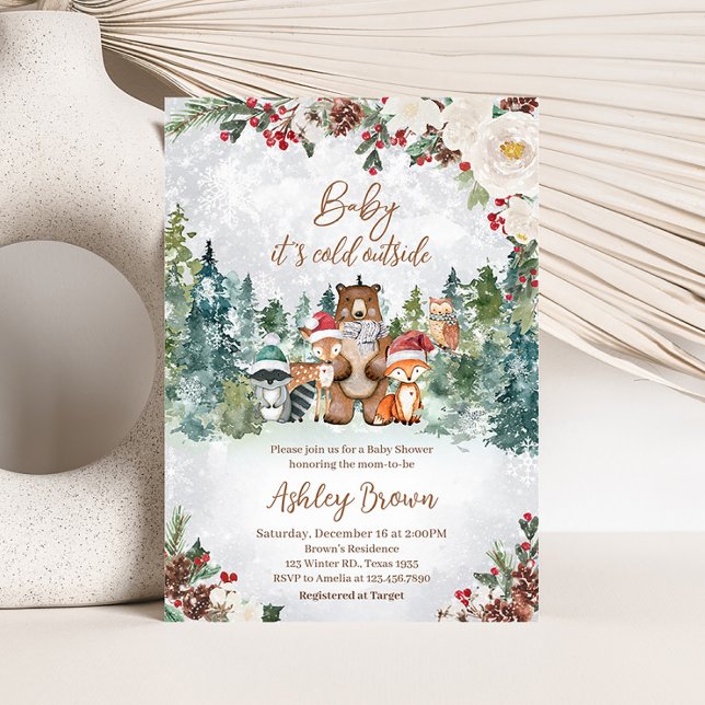 Invitation Baby shower d'hiver sur les animaux des bois (Woodland Winter Baby Shower Invitation)
