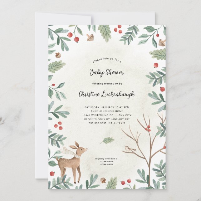 Invitation Baby shower d'hiver sur les animaux des bois (Devant)