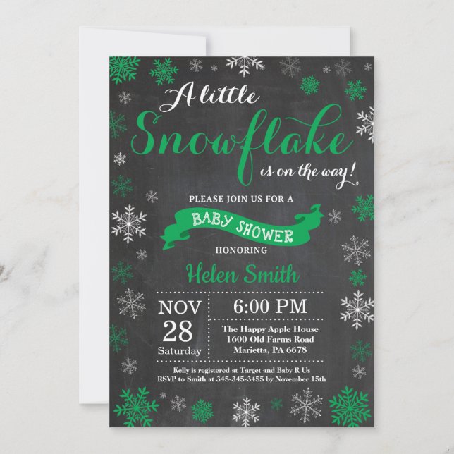 Invitation Baby Shower d'hiver Tableau Noir Flocon de Neige V (Devant)