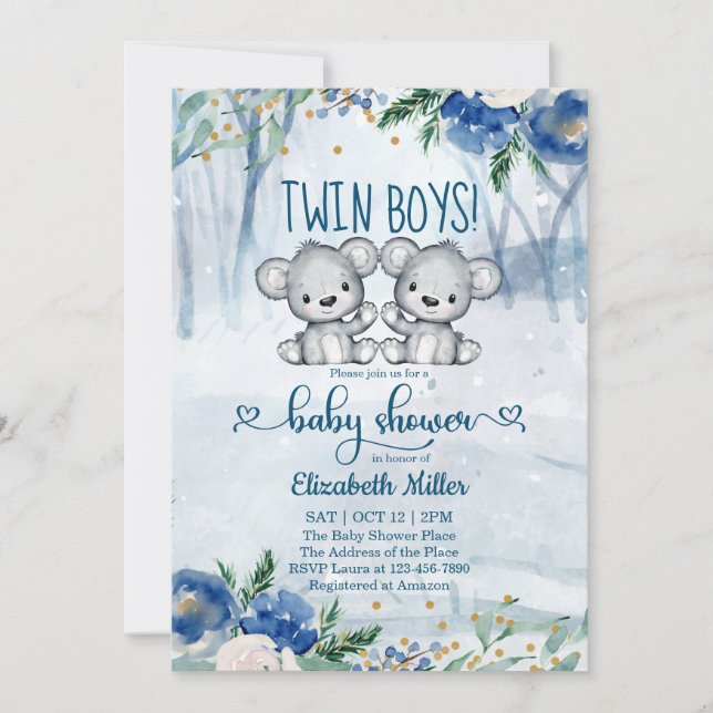 Invitation Baby shower d'hiver Twin Bear Cubs (Devant)