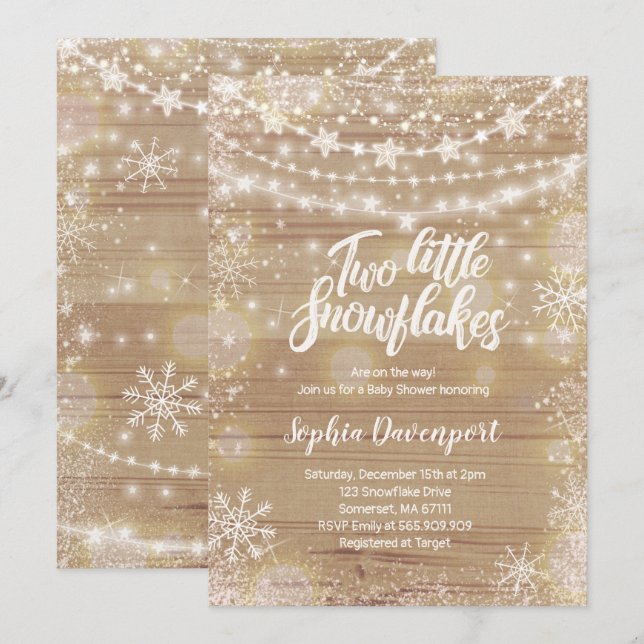 Invitation Baby shower d'hiver Twins Rustic White (Devant / Derrière)