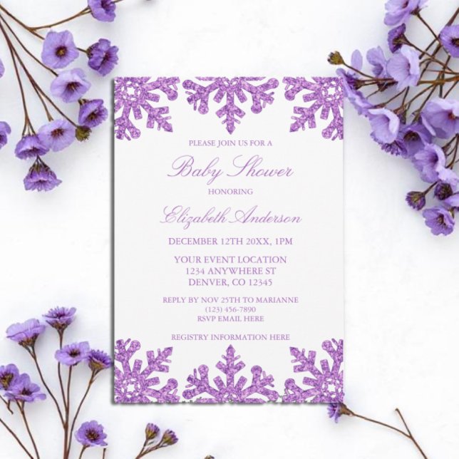 Invitation Baby shower d'hiver violet de flocon de neige (Créateur téléchargé)