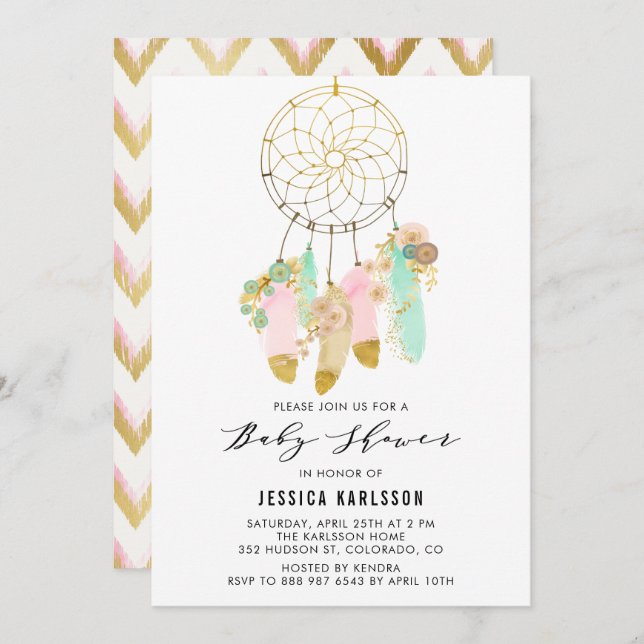 Invitation Baby shower d'huile d'or Pastel Dreamcatcher Faux (Devant / Derrière)