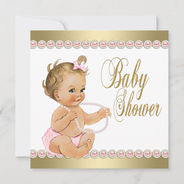 Invitation Baby Shower Diamants Perles Rose Or (Devant)